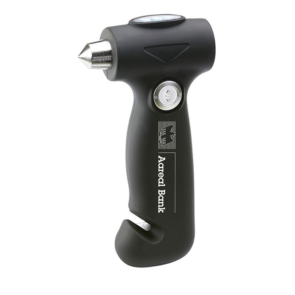 Ein schwarzes Not-Rettungswerkzeug mit spitzer Metallspitze zum Glasbrechen, einer Gurtschneiderklinge und seitlich aufgedrucktem „Vollblut Aareal Bank“-Logo.