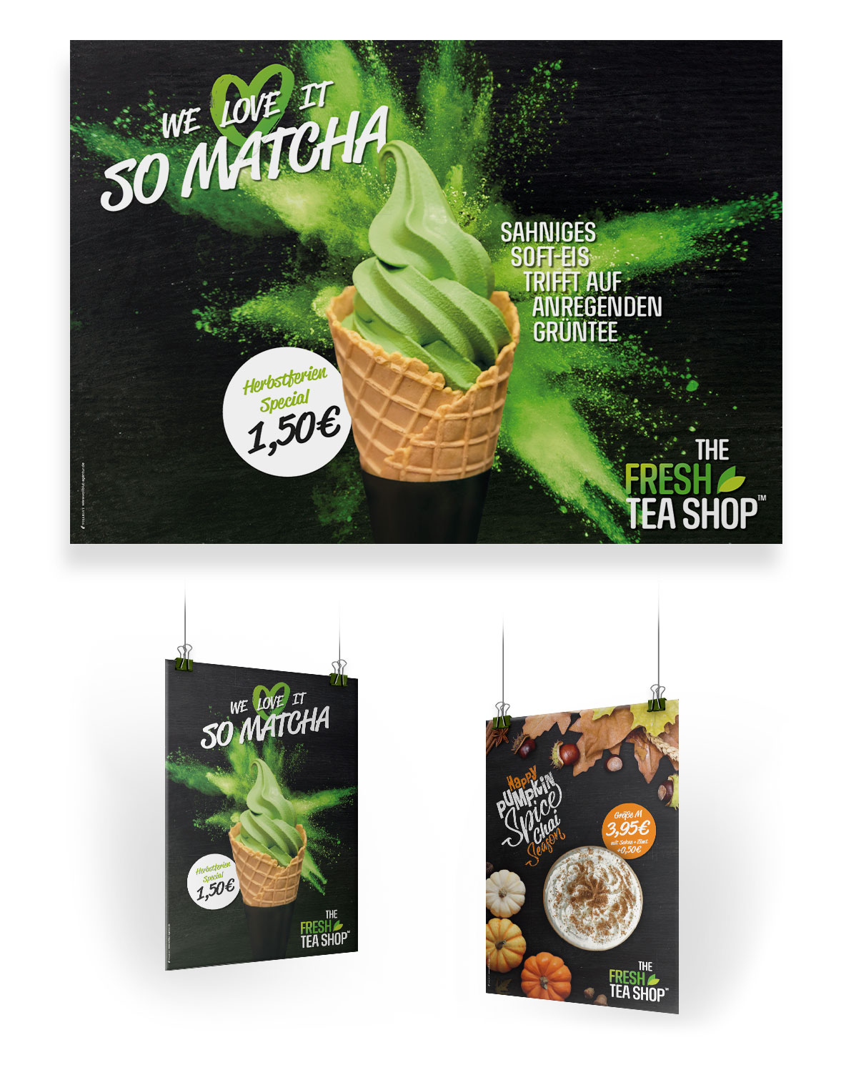 Drei Werbeplakate für Vollblut The Fresh Tea Shop: Zwei zeigen eine grüne Matcha-Softeistüte mit grünen Pulverspritzern, während das dritte ein rundes Gebäck mit einem dampfend heißen Getränk präsentiert.