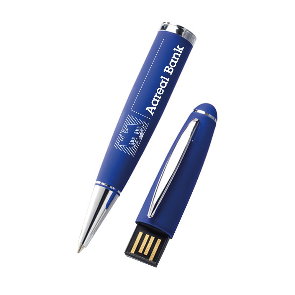 Ein blauer Stift mit silbernen Akzenten und dem Logo der Vollblut Aareal Bank. Die Kappe lässt sich abnehmen und gibt den Blick auf einen nahtlos in die Kappe integrierten USB-Stick frei.