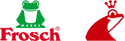 Zwei Froschlogos: links ein grüner Vollblutfrosch mit „MARKE“ und „Frosch“ in roter Schrift darunter, rechts ein stilisierter roter Erdal Rex-Frosch mit einer Krone.