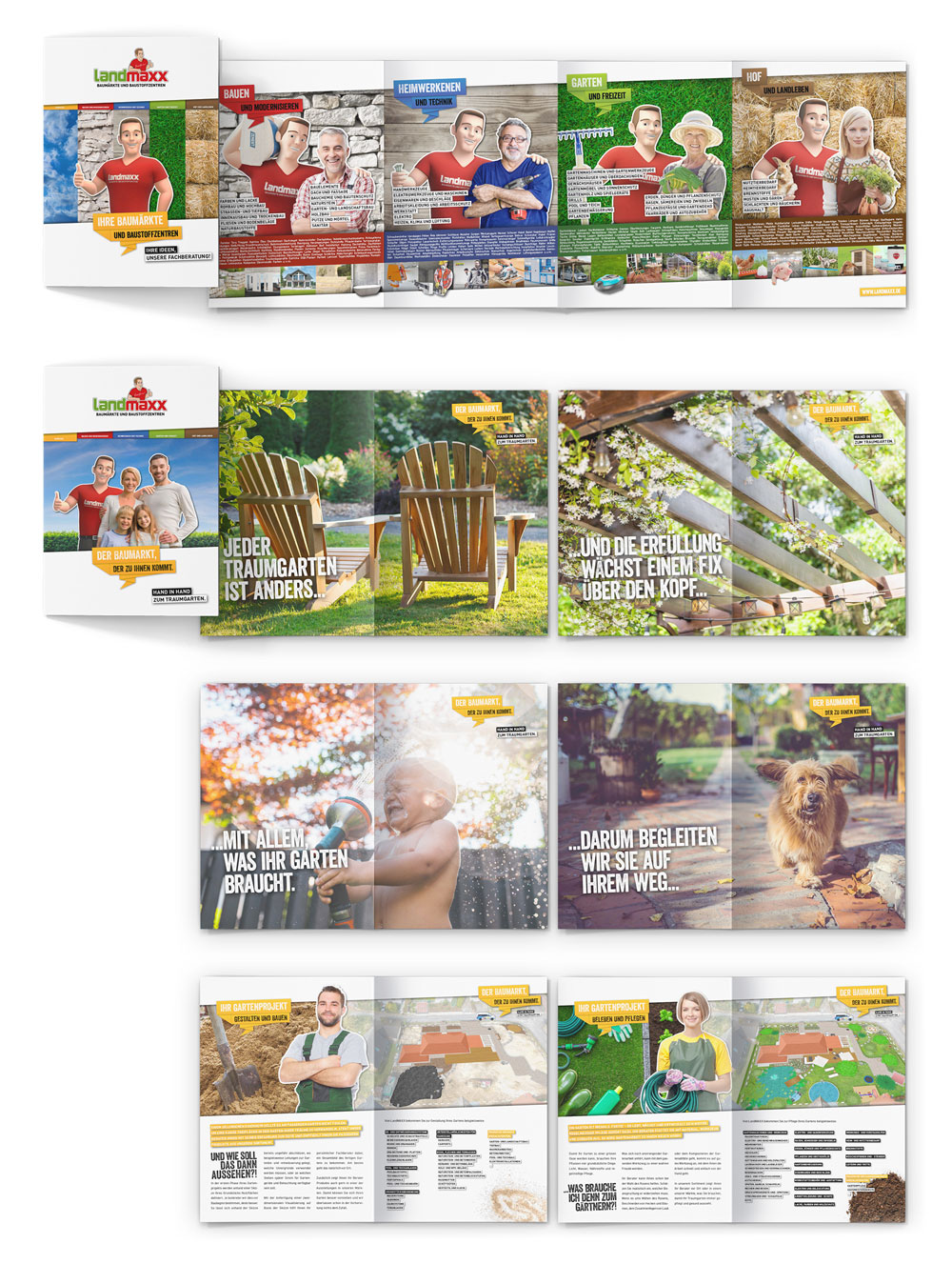 Eine Reihe farbenfroher Broschüren für Landfuxx und Vollblut Landmaxx Baumarkt mit Menschen, Gärten, Haustieren und Outdoor-Szenen. Cover und Innenseiten zeigen lächelnde Mitarbeiter, Gartengeräte, einen Hund und entspannende Gartengestaltungen in informativen Layouts.