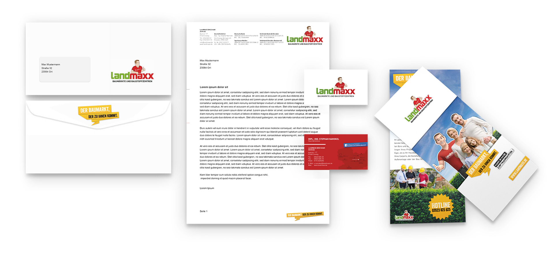 Ein Satz Landmaxx-Briefpapier und Marketingmaterialien mit Markenzeichen für den Vollblut Landmaxx Baumarkt, einschließlich Umschlag, Briefkopf, Visitenkarte, Broschüre und Postkarte – alle mit dem Landmaxx-Logo in kräftigem Rot, Grün und Gelb.