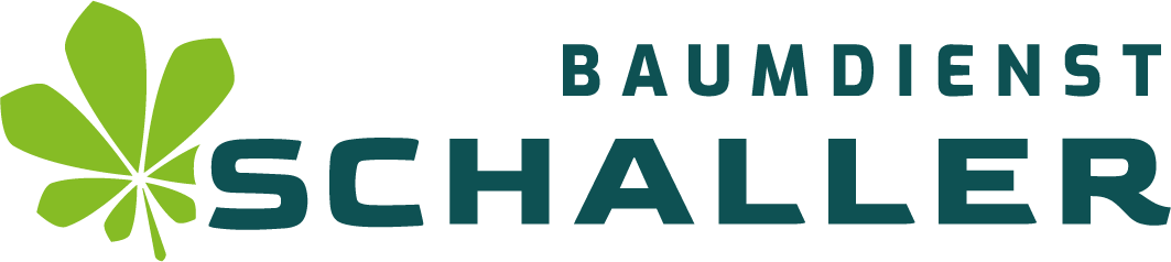 Logo für Baumdienst Schaller mit einem stilisierten grünen Blatt auf der linken Seite und dem Firmennamen in fetten, dunkelgrünen Buchstaben auf der rechten Seite.