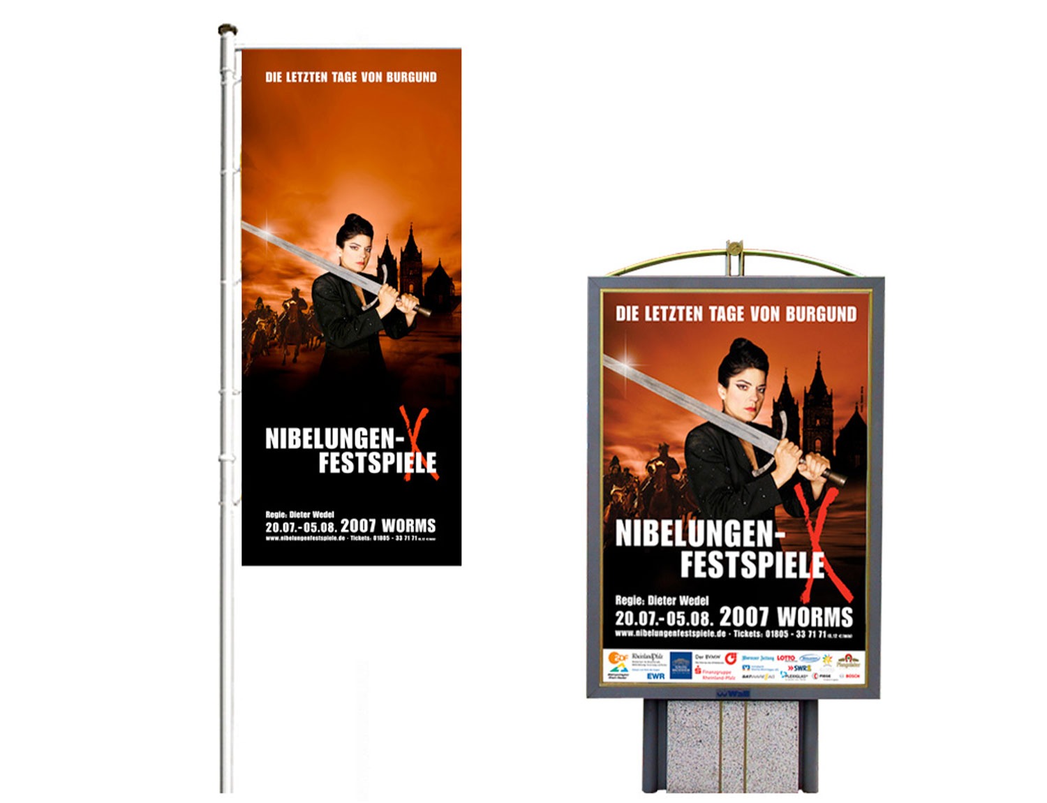 Zwei Plakate der Vollblut-Nibelungen-Festspiele 2007 in Worms zeigen eine Person mit einem Schwert, dramatisch beleuchtet und mit Burgsilhouetten im Hintergrund. Veranstaltungsdaten und Details finden Sie unten.