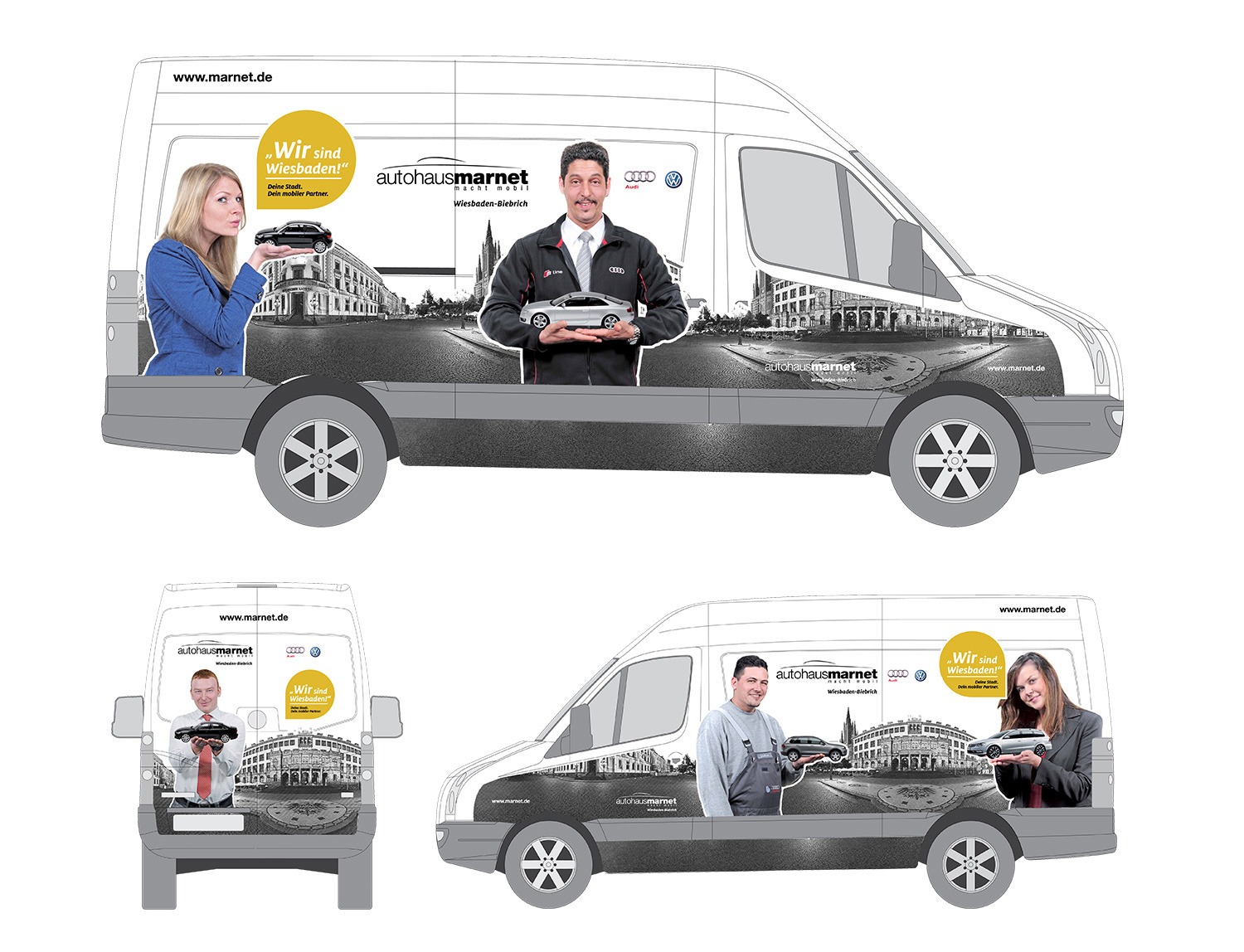 Ein weißer Lieferwagen zeigt große Bilder eines lächelnden Mannes und einer lächelnden Frau mit Autoschlüsseln, eine schwarz-weiße Stadtlandschaft und deutschen Text in Gelb und Schwarz. Der Lieferwagen präsentiert stolz das Logo und die Webadresse von Vollblut Autohaus Marnet.