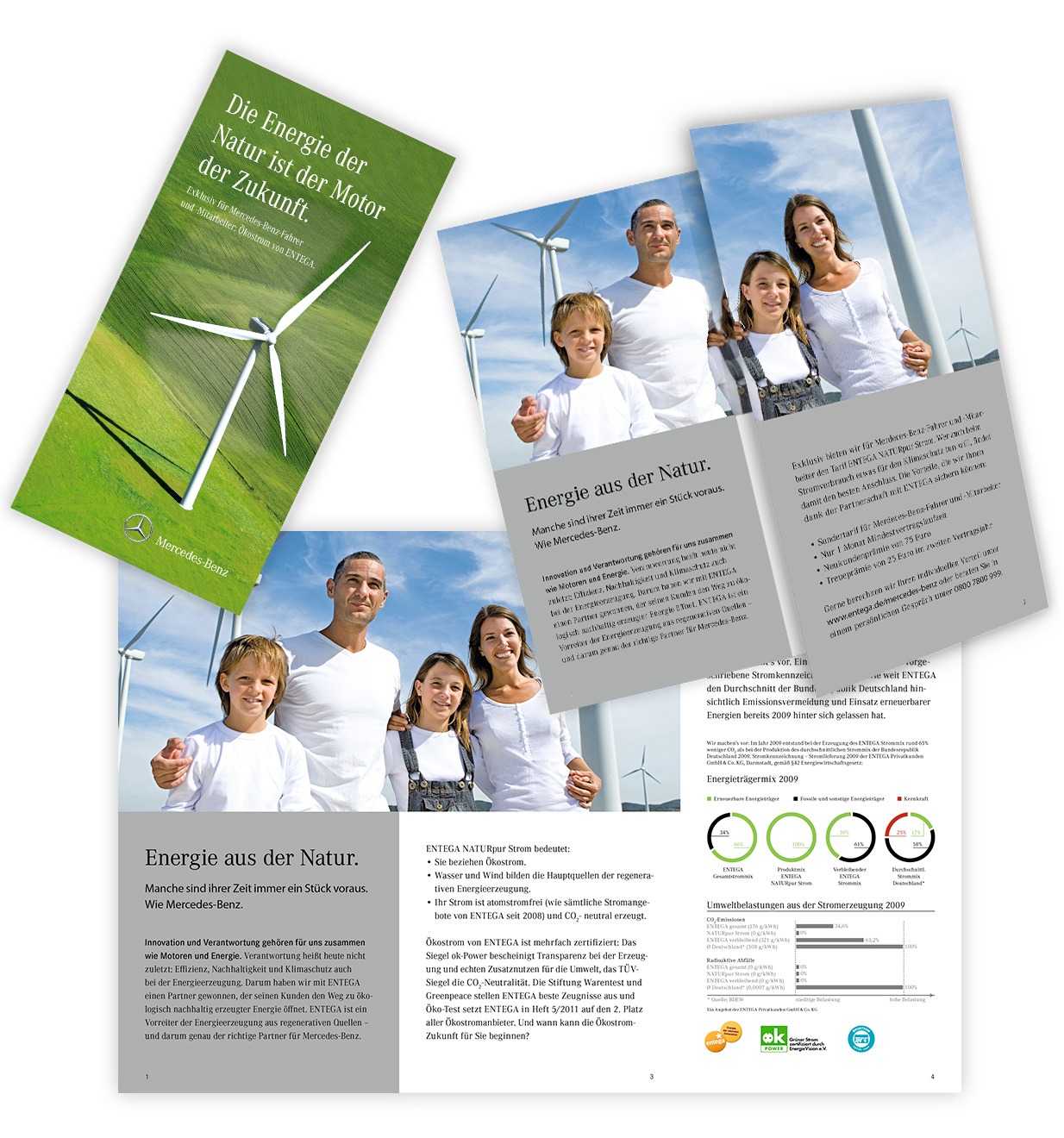 Eine deutschsprachige Broschüre von Entega zum Thema erneuerbare Energien zeigt Windräder und eine lächelnde Familie im Freien. Die Seiten enthalten Text, Diagramme und Umweltsiegel und werben für saubere Energie aus der Natur.