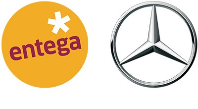 Zwei Logos nebeneinander: ein orangefarbener Kreis mit einem weißen Sternchen und „entega“ in Rot, neben dem ikonischen dreizackigen Stern von Mercedes-Benz – eine echte Vollblut-V8-Werk-Kombination unverwechselbarer Marken.