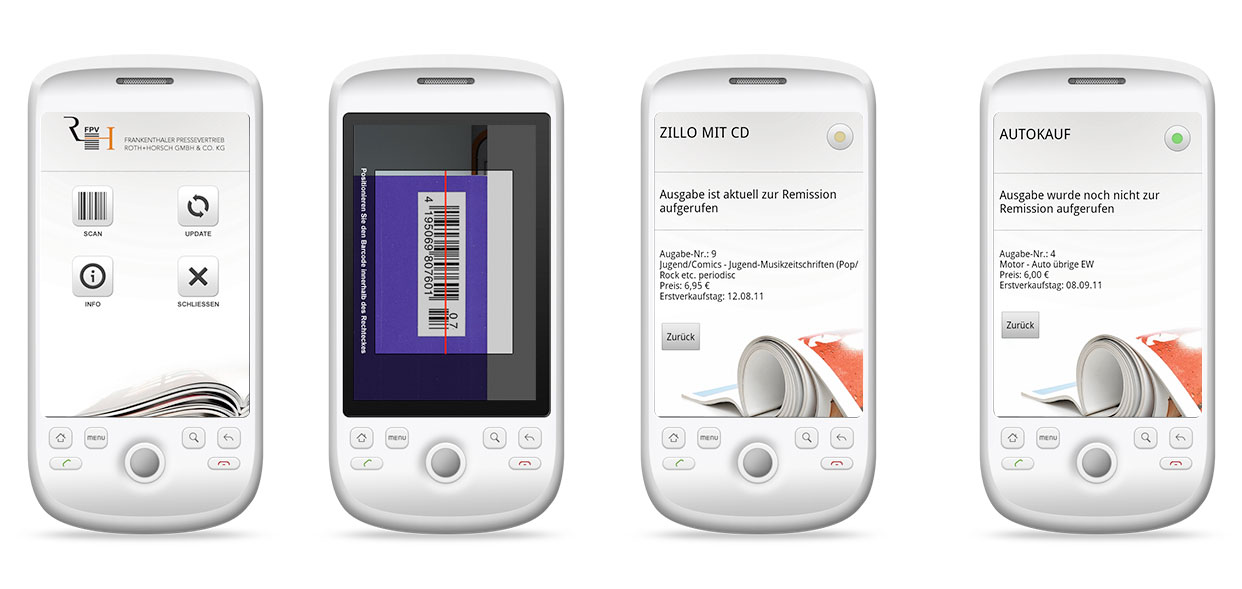 Vier weiße Smartphones zeigen unterschiedliche Bildschirme: einen gescannten Barcode, eine gerollte Zeitschriftenseite, ein Zillo-mit-CD-Cover und einen Autokauf-Bildschirm. Jedes zeigt ähnliche Zeitschriftenbilder und präsentiert Highlights von Vollblut FPV und Roth und Horsch.