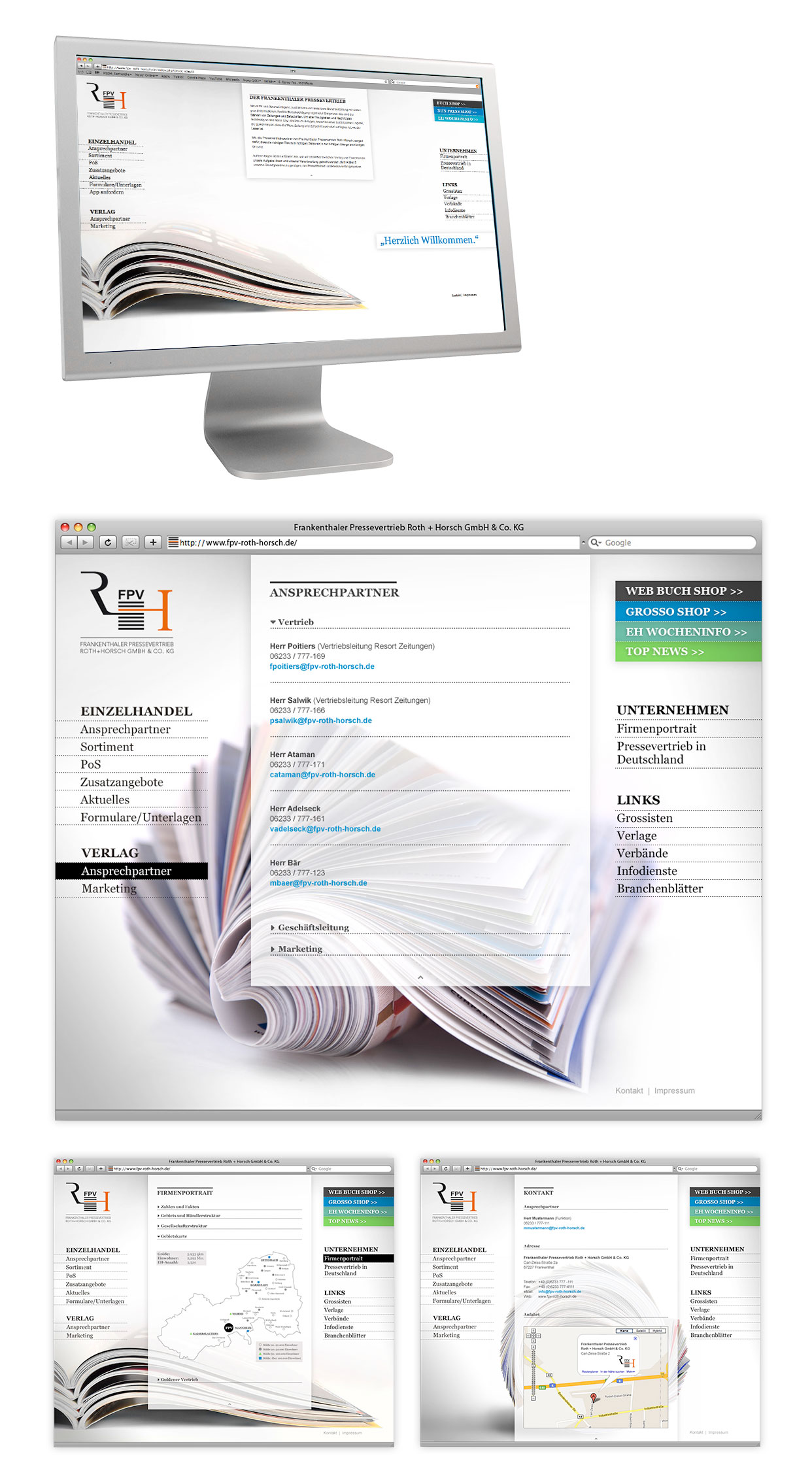 Auf einem Computermonitor wird eine Website mit einem Buchdesign für Vollblut FPV Roth und Horsch angezeigt. Darunter sind drei Nahaufnahmen zu sehen, die Seiten mit Textmenüs, einer Karte, Kontaktinformationen und Navigationslinks vor dem Hintergrund eines offenen Buches zeigen.
