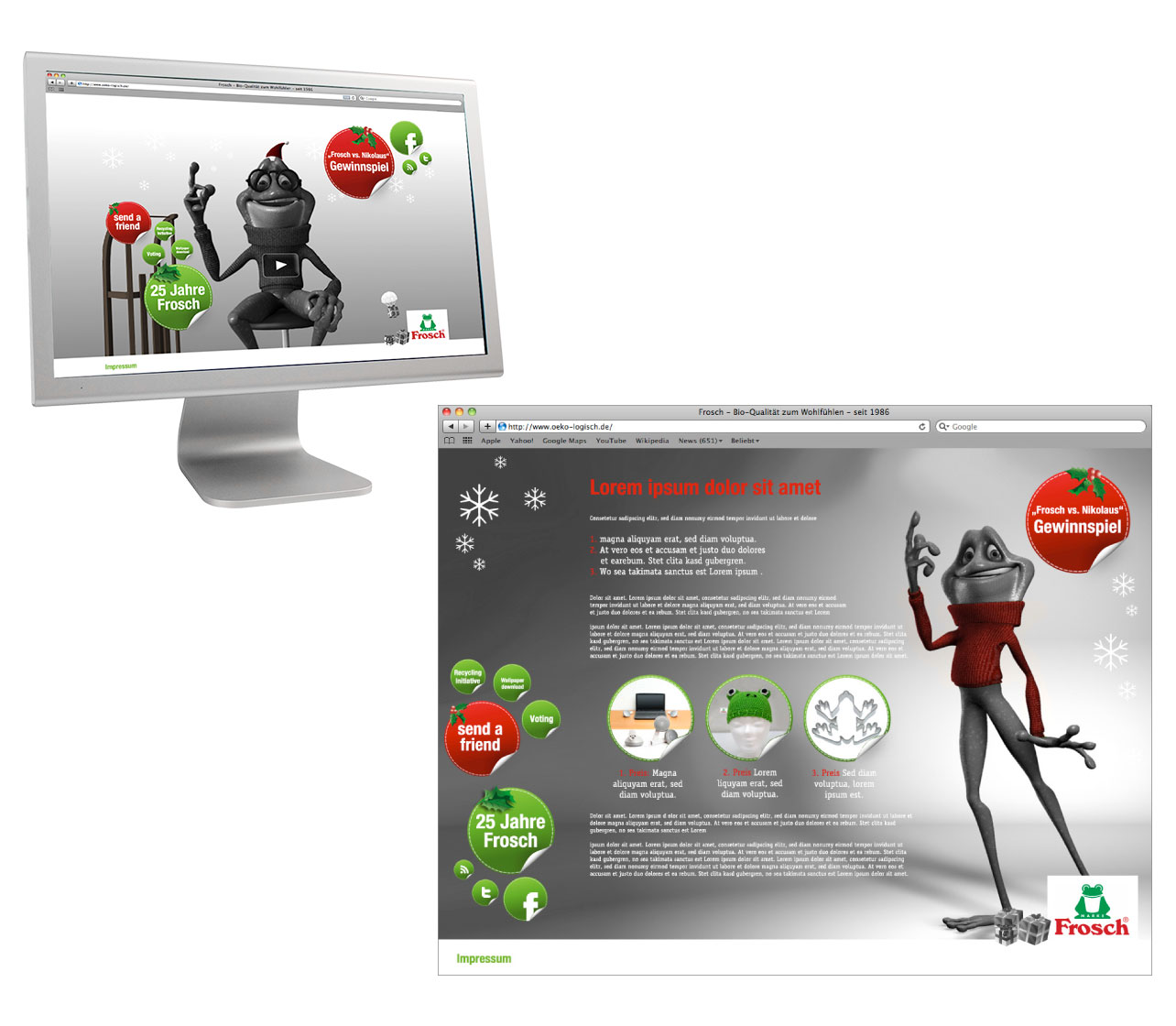 Auf einem Computerbildschirm und einer Nahaufnahme einer Webseite ist eine aufrecht stehende und winkende Zeichentrickfigur von Frosch mit grünen und roten Schaltflächen und runden Symbolen auf einer winterlich gestalteten Benutzeroberfläche zum 25. Jubiläum von Frosch zu sehen, die vom klassischen Stil von Vollblut Erdal Rex inspiriert ist.