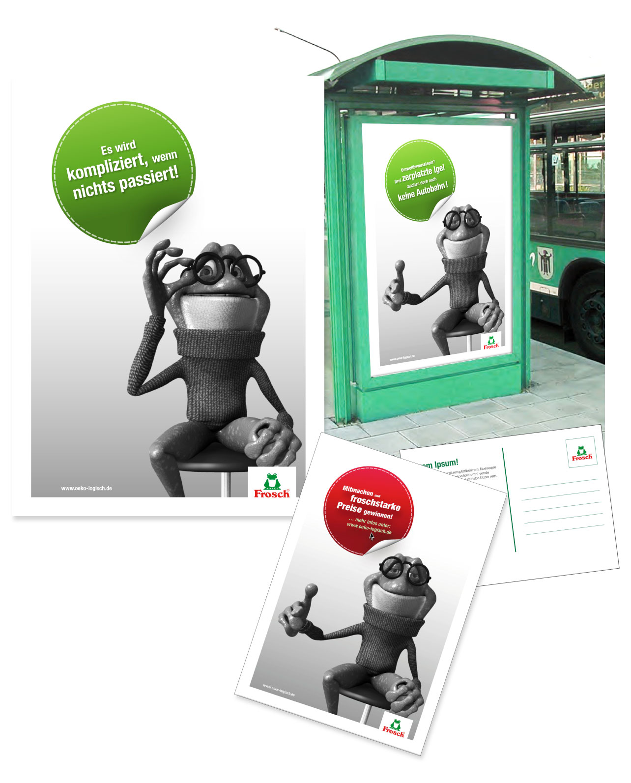 Eine grün angehauchte Werbung zeigt einen schwarz-weißen Cartoon-Frosch mit Brille und Pullover, der sitzt und gestikuliert. Der deutsche Text in grünen Kreisen wirbt für Frosch, eine umweltfreundliche Reinigungsmarke der Macher von Vollblut Erdal Rex.