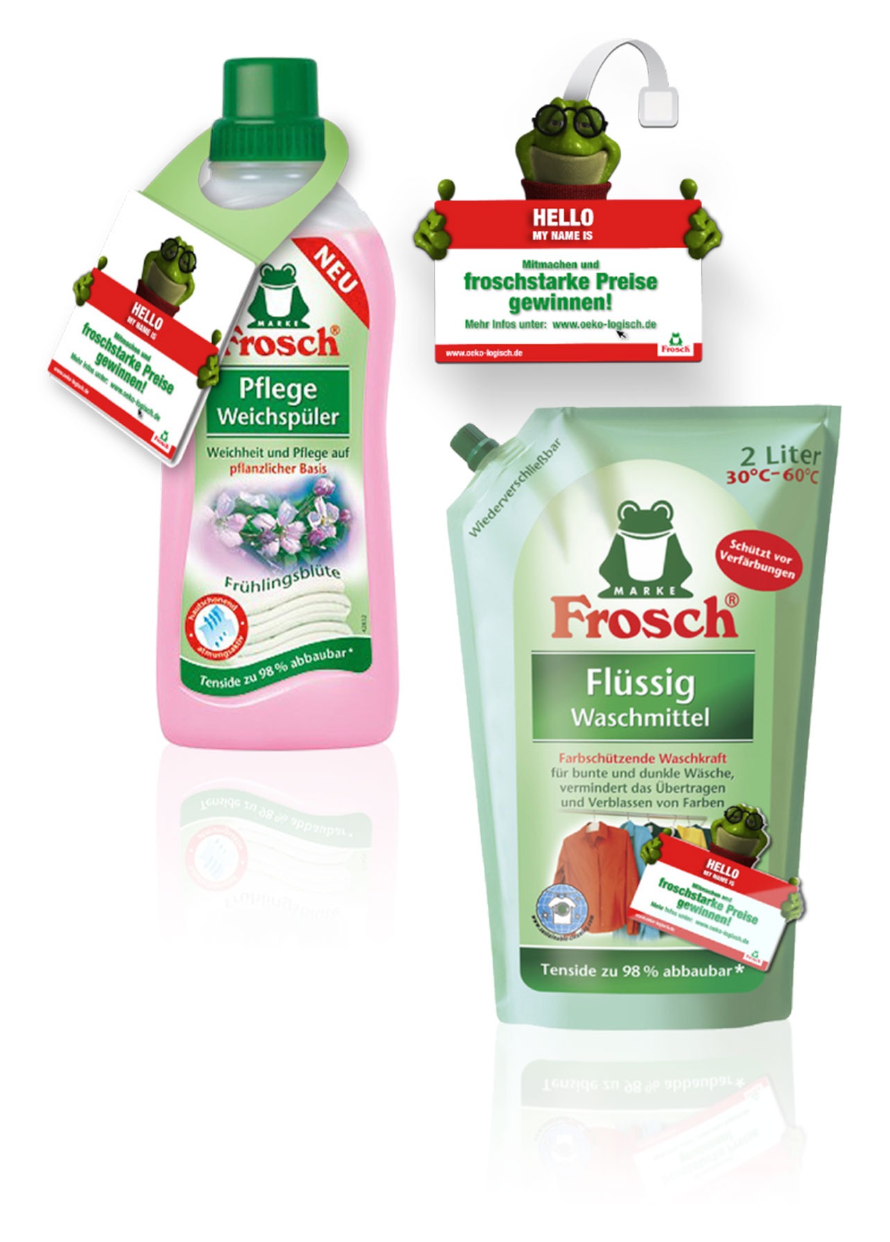 Drei Waschmittel der Marke Frosch: ein rosafarbener Weichspüler von Vollblut, ein Nachfüllbeutel Flüssigwaschmittel und ein grünes Froschmaskottchen mit roten Schildern. Die Verpackung ist mit grünen und rosa Akzenten versehen.