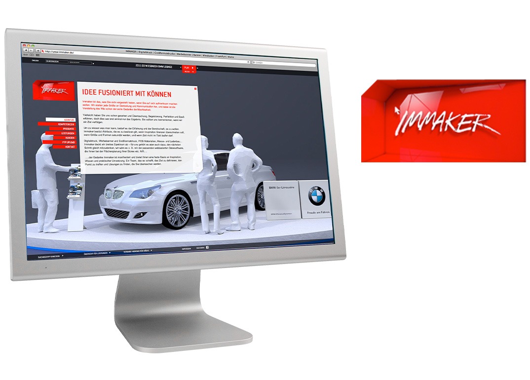 Auf einem Computerbildschirm wird eine Website mit weißen 3D-Modellen eines Autos und von Personen angezeigt. Rechts daneben verleiht das markante rote Immaker-Logo mit weißer Schrift der Szene einen modernen Touch.