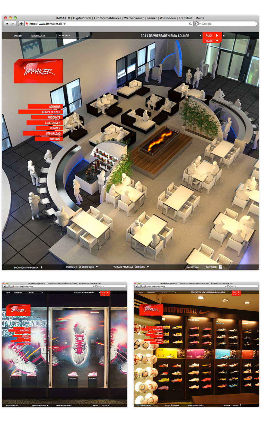 Ein digitales Immaker-Modell einer modernen Lounge mit runden Sitzgelegenheiten, einem zentralen Kamin und einer Bar; darunter sind Schuhdisplays mit bunten Sportschuhen in Glasvitrinen und auf Wandregalen zu sehen.