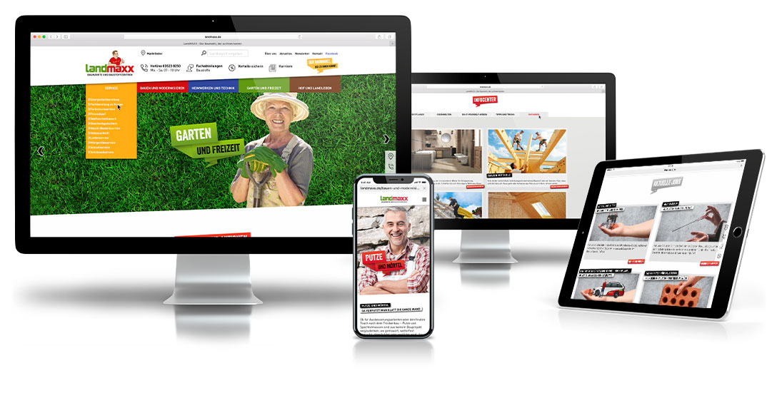 Auf einem Desktop-Monitor, einem Laptop, einem Tablet und einem Smartphone wird die Website von Vollblut Landmaxx Baumarkt angezeigt, die Inhalte rund um Garten und Heimwerken präsentiert. Auf den Bildschirmen sind ein lächelnder Mann mit Gartenhandschuhen und verschiedene Website-Bereiche zu sehen.