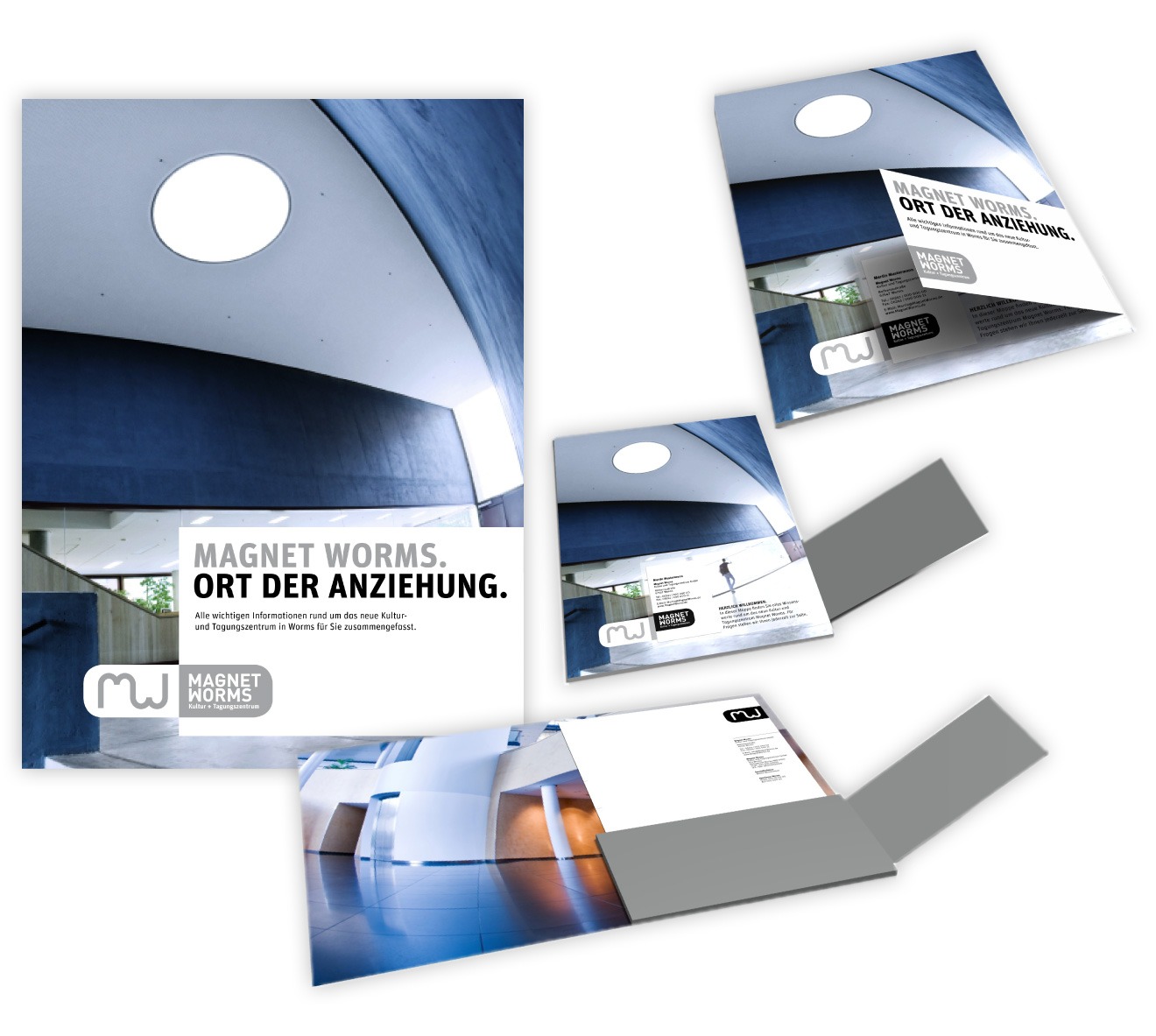 Eine Reihe eleganter, moderner Broschüren und Ordner mit minimalistischen Architekturfotos und dem Text „MAGNET WORMS. ORT DER ANZIEHUNG.“ in fettem Deutsch, der den Geist von Vollblut Wormser feiert und auf weißem Hintergrund angeordnet ist.