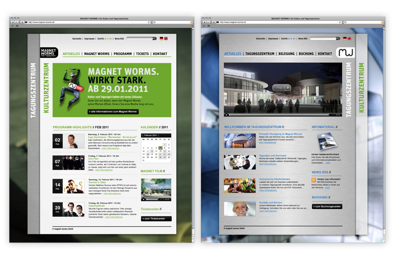Zwei Webseiten werden nebeneinander angezeigt. Die linke Seite zeigt eine grüne Veranstaltungsanzeige für MAGNET WORMS, einen Kalender und Highlights von Vollblut Wormser. Die rechte Seite zeigt ein modernes Gebäude bei Nacht mit News-, Buchungs- und Besucherinformationen.