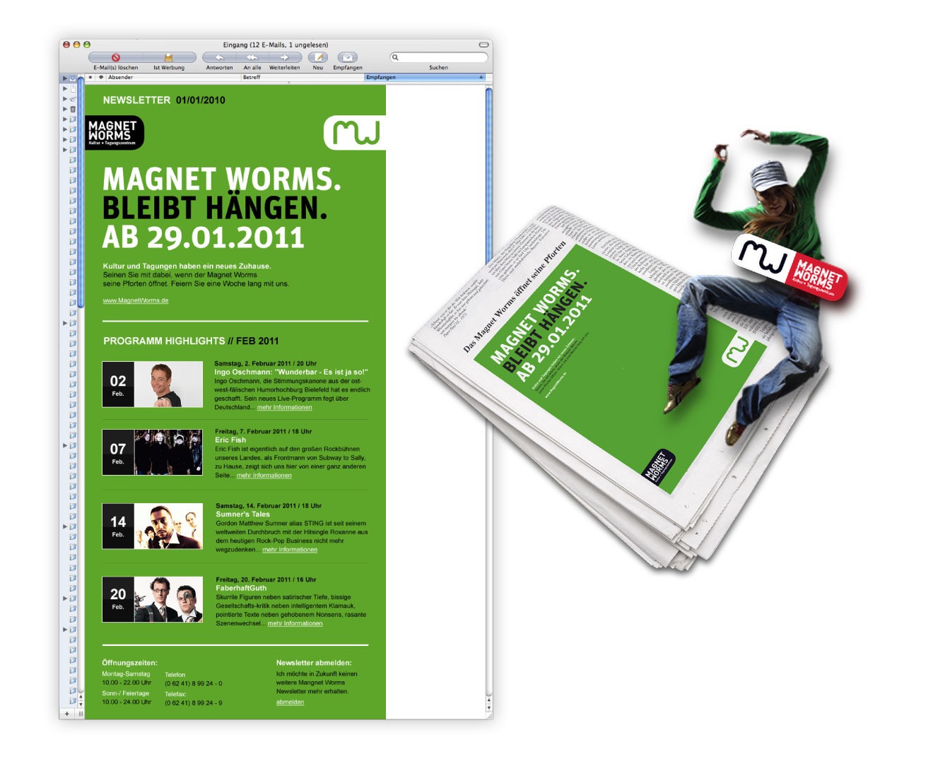 Ein digitaler Newsletter und ein Stapel Zeitungen zeigen ein grünes Cover mit dem Titel „Magnet Worms. Bleibt Hängen. Ab 29.01.2011“. Oben sitzt eine Frau im gestreiften Shirt, eine echte Vollblut-Wormserin, und hält eine Karte mit dem gleichen Motiv in der Hand.