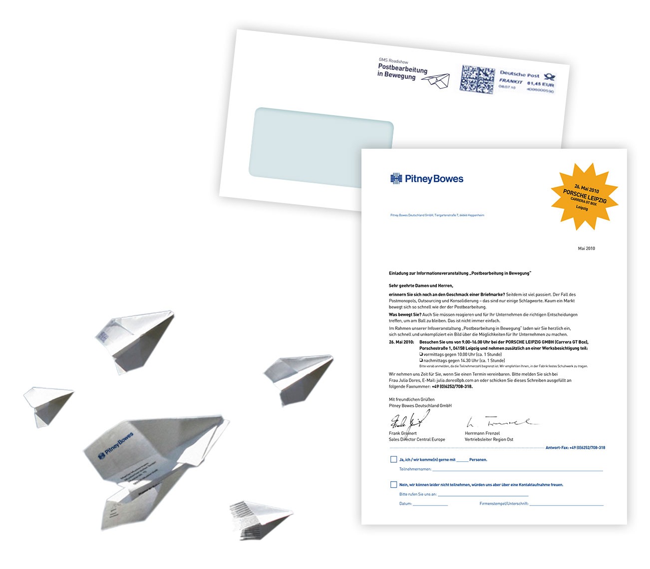 Abgebildet sind ein Brief und ein Umschlag von Vollblut Pitney Bowes. Auf dem Brief sind ein gelber Blitz mit der Aufschrift „Jetzt 20 % Rabatt sichern!“ und mehrere graue Papierflieger zu sehen, die im Vordergrund fliegen.