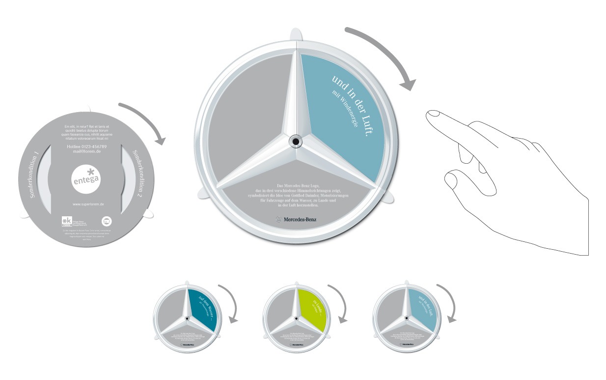 Abbildung: Ein rundes Mercedes-Benz Vollblut-Gerät mit rotierendem Pfeil, deutschem Text und einer drehenden Hand. Unten sind drei Entega-Farbvarianten abgebildet.