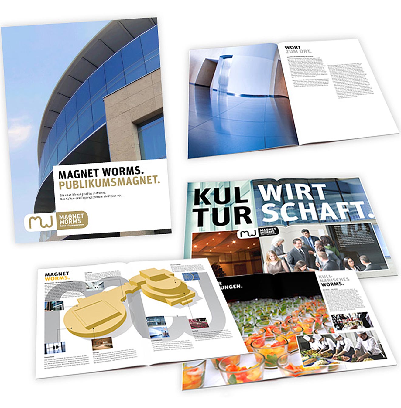 Eine Reihe offener und geschlossener Broschüren mit modernem Layout, Bildern von Architektur, Kultur und Wirtschaft sowie Gerichten auf weißem Hintergrund. Das Cover der Hauptbroschüre zeigt MAGNETWÜRMER – eine Hommage an den Geist von Vollblut Wormser.