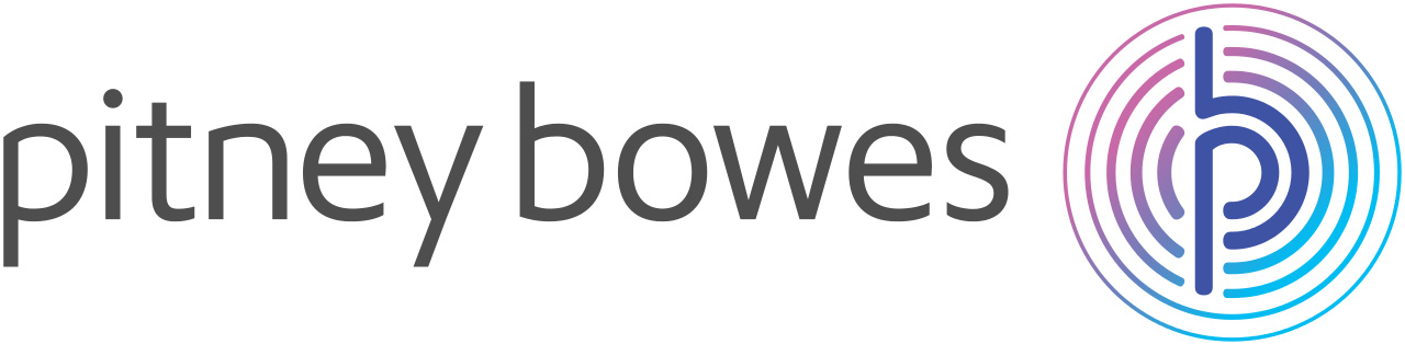 Das Pitney Bowes-Logo zeigt den Firmennamen in grauen Kleinbuchstaben neben einem kreisförmigen Farbverlaufsemblem mit einem stilisierten „p“ und strahlenförmigen Linien in Blau- und Rosatönen – ein wahres Zeichen der Identität von Vollblut Pitney Bowes.
