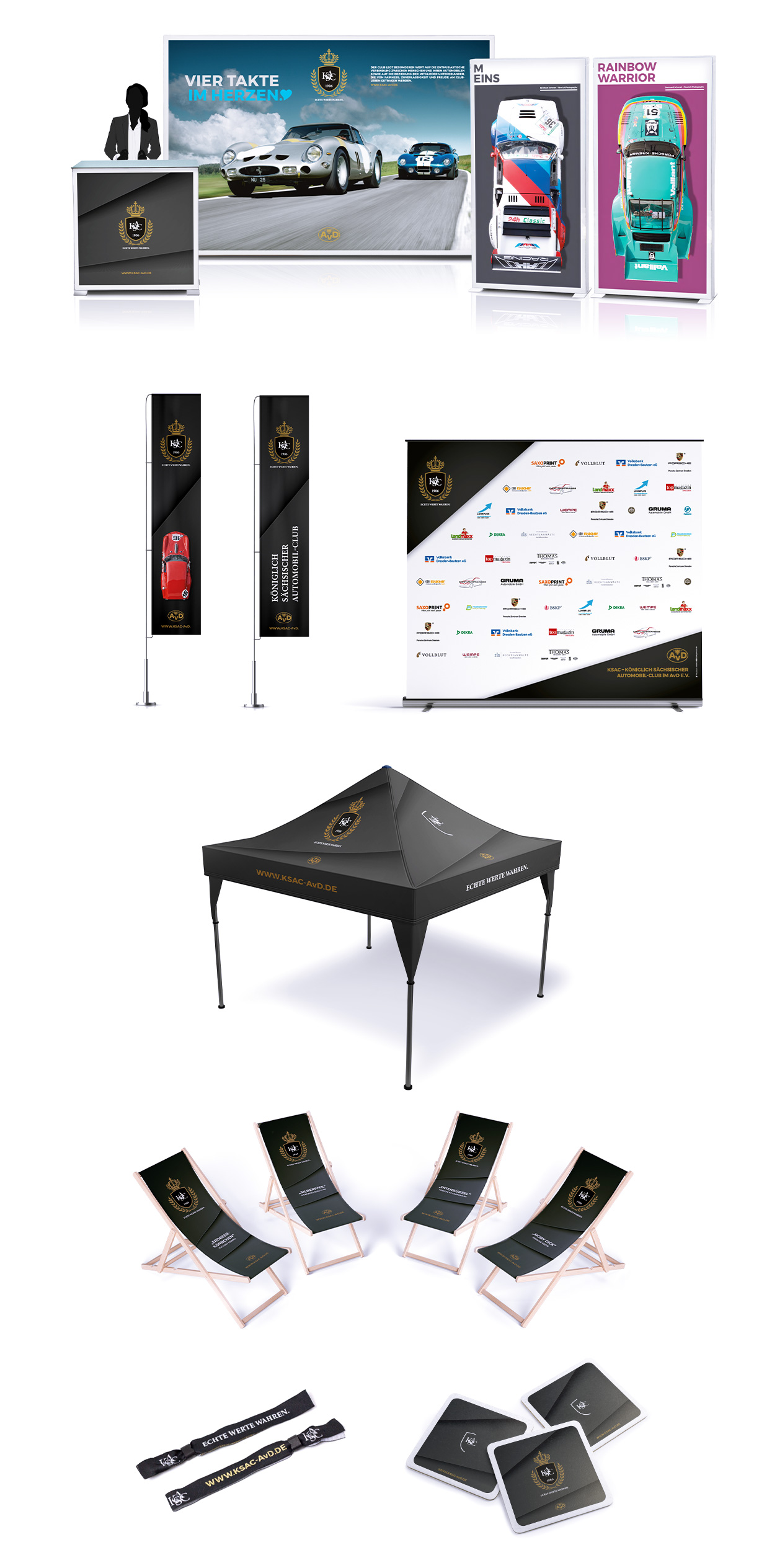 Eine Sammlung von Marken-Eventmaterialien für Vollblut KSAC AvD, darunter Banner, Poster, Flaggen, eine Sponsorenwand, ein Zelt, Liegestühle, Schlüsselbänder und Tablet-Hüllen – alle mit einem gold-schwarzen Automobillogo und Designelementen.
